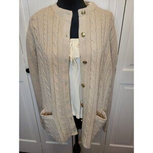 Beige Cable Knit Cardigan Gold Buttons Pockets PM Old Money  Academia Preppy 90s